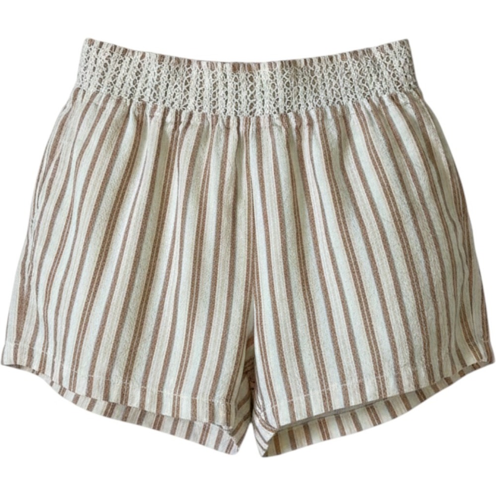 Linen White Beige Pink Striped Smocked Waist Shorts Boho Summer Beach Casual Sm - Picture 1 of 8